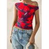 imagePRETTYGARDEN Womens Off Shoulder Tops 2025 Summer Floral Mesh Going Out Crop Tank Tops Asymmetrical Tight Y2K Shirts ClothesBlue Red Flower
