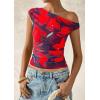 imagePRETTYGARDEN Womens Off Shoulder Tops 2025 Summer Floral Mesh Going Out Crop Tank Tops Asymmetrical Tight Y2K Shirts ClothesBlue Red Flower