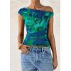 imagePRETTYGARDEN Womens Off Shoulder Tops 2025 Summer Floral Mesh Going Out Crop Tank Tops Asymmetrical Tight Y2K Shirts ClothesGreen