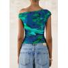 imagePRETTYGARDEN Womens Off Shoulder Tops 2025 Summer Floral Mesh Going Out Crop Tank Tops Asymmetrical Tight Y2K Shirts ClothesGreen