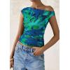 imagePRETTYGARDEN Womens Off Shoulder Tops 2025 Summer Floral Mesh Going Out Crop Tank Tops Asymmetrical Tight Y2K Shirts ClothesGreen