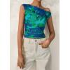 imagePRETTYGARDEN Womens Off Shoulder Tops 2025 Summer Floral Mesh Going Out Crop Tank Tops Asymmetrical Tight Y2K Shirts ClothesGreen
