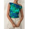 imagePRETTYGARDEN Womens Off Shoulder Tops 2025 Summer Floral Mesh Going Out Crop Tank Tops Asymmetrical Tight Y2K Shirts ClothesGreen
