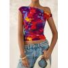 imagePRETTYGARDEN Womens Off Shoulder Tops 2025 Summer Floral Mesh Going Out Crop Tank Tops Asymmetrical Tight Y2K Shirts ClothesNavy Red Flower