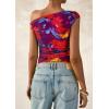 imagePRETTYGARDEN Womens Off Shoulder Tops 2025 Summer Floral Mesh Going Out Crop Tank Tops Asymmetrical Tight Y2K Shirts ClothesNavy Red Flower