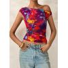 imagePRETTYGARDEN Womens Off Shoulder Tops 2025 Summer Floral Mesh Going Out Crop Tank Tops Asymmetrical Tight Y2K Shirts ClothesNavy Red Flower