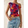 imagePRETTYGARDEN Womens Off Shoulder Tops 2025 Summer Floral Mesh Going Out Crop Tank Tops Asymmetrical Tight Y2K Shirts ClothesNavy Red Flower