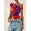 imagePRETTYGARDEN Womens Off Shoulder Tops 2025 Summer Floral Mesh Going Out Crop Tank Tops Asymmetrical Tight Y2K Shirts ClothesNavy Red Flower