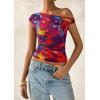 imagePRETTYGARDEN Womens Off Shoulder Tops 2025 Summer Floral Mesh Going Out Crop Tank Tops Asymmetrical Tight Y2K Shirts ClothesNavy Red Flower