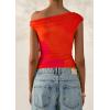 imagePRETTYGARDEN Womens Off Shoulder Tops 2025 Summer Floral Mesh Going Out Crop Tank Tops Asymmetrical Tight Y2K Shirts ClothesOrange Red