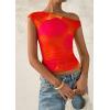 imagePRETTYGARDEN Womens Off Shoulder Tops 2025 Summer Floral Mesh Going Out Crop Tank Tops Asymmetrical Tight Y2K Shirts ClothesOrange Red
