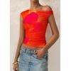 imagePRETTYGARDEN Womens Off Shoulder Tops 2025 Summer Floral Mesh Going Out Crop Tank Tops Asymmetrical Tight Y2K Shirts ClothesOrange Red
