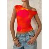 imagePRETTYGARDEN Womens Off Shoulder Tops 2025 Summer Floral Mesh Going Out Crop Tank Tops Asymmetrical Tight Y2K Shirts ClothesOrange Red