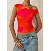 imagePRETTYGARDEN Womens Off Shoulder Tops 2025 Summer Floral Mesh Going Out Crop Tank Tops Asymmetrical Tight Y2K Shirts ClothesOrange Red