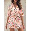 imagePRETTYGARDEN Womens Rompers for Summer 2025 Beach Vacation Clothes Short Sleeves Floral Jumpsuits Beach Cover UpPink Watercolour