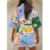 imagePRETTYGARDEN Womens Rompers for Summer 2025 Beach Vacation Clothes Short Sleeves Floral Jumpsuits Beach Cover UpWhite Blue Green Flower