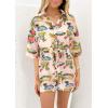 imagePRETTYGARDEN Womens Rompers for Summer 2025 Beach Vacation Clothes Short Sleeves Floral Jumpsuits Beach Cover UpWhiteblue Leaf