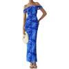 imagePRETTYGARDEN Womens Ruched Bodycon Maxi Dress 2025 Summer Off Shoulder Floral Mesh Cocktail Party Fitted DressesBright Blue