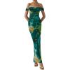 imagePRETTYGARDEN Womens Ruched Bodycon Maxi Dress 2025 Summer Off Shoulder Floral Mesh Cocktail Party Fitted DressesGreen Big Floral