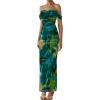 imagePRETTYGARDEN Womens Ruched Bodycon Maxi Dress 2025 Summer Off Shoulder Floral Mesh Cocktail Party Fitted DressesGreen Big Floral