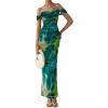 imagePRETTYGARDEN Womens Ruched Bodycon Maxi Dress 2025 Summer Off Shoulder Floral Mesh Cocktail Party Fitted DressesGreen Big Floral