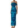 imagePRETTYGARDEN Womens Ruched Bodycon Maxi Dress 2025 Summer Off Shoulder Floral Mesh Cocktail Party Fitted DressesLake Blue Floral