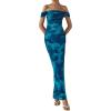 imagePRETTYGARDEN Womens Ruched Bodycon Maxi Dress 2025 Summer Off Shoulder Floral Mesh Cocktail Party Fitted DressesLake Blue Floral