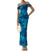 imagePRETTYGARDEN Womens Ruched Bodycon Maxi Dress 2025 Summer Off Shoulder Floral Mesh Cocktail Party Fitted DressesLake Blue Floral