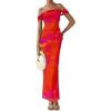 imagePRETTYGARDEN Womens Ruched Bodycon Maxi Dress 2025 Summer Off Shoulder Floral Mesh Cocktail Party Fitted DressesOrange Red Big Floral