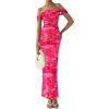 imagePRETTYGARDEN Womens Ruched Bodycon Maxi Dress 2025 Summer Off Shoulder Floral Mesh Cocktail Party Fitted DressesPink Floral