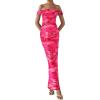 imagePRETTYGARDEN Womens Ruched Bodycon Maxi Dress 2025 Summer Off Shoulder Floral Mesh Cocktail Party Fitted DressesPink Floral