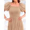 imagePRETTYGARDEN Womens Smocked Midi Tulle Dress 2025 Summer Puffy Short Sleeve Square Neck Ruffle Wedding Guest Party DressesApricot