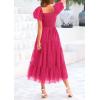 imagePRETTYGARDEN Womens Smocked Midi Tulle Dress 2025 Summer Puffy Short Sleeve Square Neck Ruffle Wedding Guest Party DressesRose Red