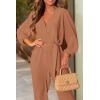 imagePRETTYGARDEN Womens Spring Fall Jumpsuits Casual Dressy Long Pants Romper Long Sleeve V Neck Belt Pockets One Piece OutfitsCamel