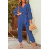 imagePRETTYGARDEN Womens Spring Fall Jumpsuits Casual Dressy Long Pants Romper Long Sleeve V Neck Belt Pockets One Piece OutfitsDenim Blue