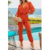 imagePRETTYGARDEN Womens Spring Fall Jumpsuits Casual Dressy Long Pants Romper Long Sleeve V Neck Belt Pockets One Piece OutfitsOrange