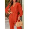 imagePRETTYGARDEN Womens Spring Fall Jumpsuits Casual Dressy Long Pants Romper Long Sleeve V Neck Belt Pockets One Piece OutfitsOrange