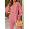 imagePRETTYGARDEN Womens Spring Fall Jumpsuits Casual Dressy Long Pants Romper Long Sleeve V Neck Belt Pockets One Piece OutfitsPink