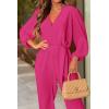 imagePRETTYGARDEN Womens Spring Fall Jumpsuits Casual Dressy Long Pants Romper Long Sleeve V Neck Belt Pockets One Piece OutfitsRose Red