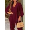 imagePRETTYGARDEN Womens Spring Fall Jumpsuits Casual Dressy Long Pants Romper Long Sleeve V Neck Belt Pockets One Piece OutfitsWine Red