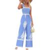 imagePRETTYGARDEN Womens Jumpsuit Casual One Piece Boho Summer Outfits Shirred Strap Wide Leg Long Pants Rompers With PocketsSky Blue White Flower