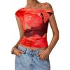 imagePRETTYGARDEN Womens Off Shoulder Tops 2025 Summer Floral Mesh Going Out Crop Tank Tops Asymmetrical Tight Y2K Shirts ClothesBlack Red Flower