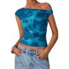 imagePRETTYGARDEN Womens Off Shoulder Tops 2025 Summer Floral Mesh Going Out Crop Tank Tops Asymmetrical Tight Y2K Shirts ClothesBlue Green