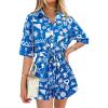 imagePRETTYGARDEN Womens Rompers for Summer 2025 Beach Vacation Clothes Short Sleeves Floral Jumpsuits Beach Cover UpBlue