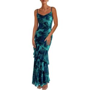imagePRETTYGARDEN Maxi Dresses for Women 2025 Summer Tiered Floral Beach Sundress Spaghetti Strap Wedding Guest Long DressFloral Lake Blue
