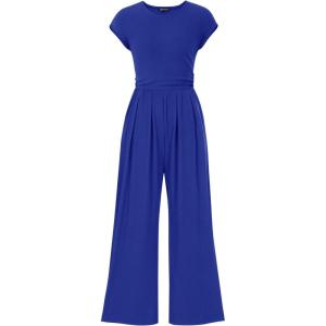 imagePRETTYGARDEN Summer Jumpsuits for Women Dressy 2025 Ribbed Cap Sleeve Wide Leg Pants Rompers Elegant Casual One Piece OutfitsDeep Blue