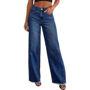 imagePRETTYGARDEN Wide Leg Jeans for Women Trendy 2025 High Waisted Stretchy Baggy Raw Hem Denim Palazzo Pants with PocketsBluing