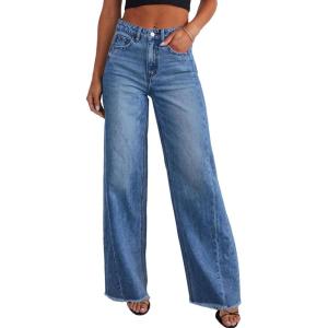 imagePRETTYGARDEN Wide Leg Jeans for Women Trendy 2025 High Waisted Stretchy Baggy Raw Hem Denim Palazzo Pants with PocketsDark Blue