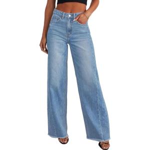 imagePRETTYGARDEN Wide Leg Jeans for Women Trendy 2025 High Waisted Stretchy Baggy Raw Hem Denim Palazzo Pants with PocketsLight Blue