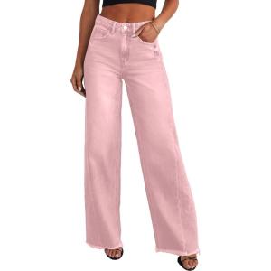 imagePRETTYGARDEN Wide Leg Jeans for Women Trendy 2025 High Waisted Stretchy Baggy Raw Hem Denim Palazzo Pants with PocketsPink